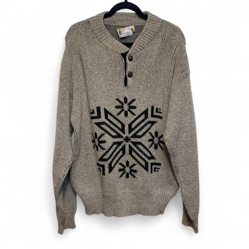 VTG London Fog Mens L Sweater Oversize Snowflake Ski Pullover‎ Leather Buttons